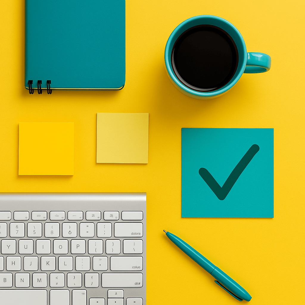A vibrant, organized workspace with colorful sticky notes, a leafy plant, coffee mug, and stationery on a clean desk, reflecting creativity and personality.