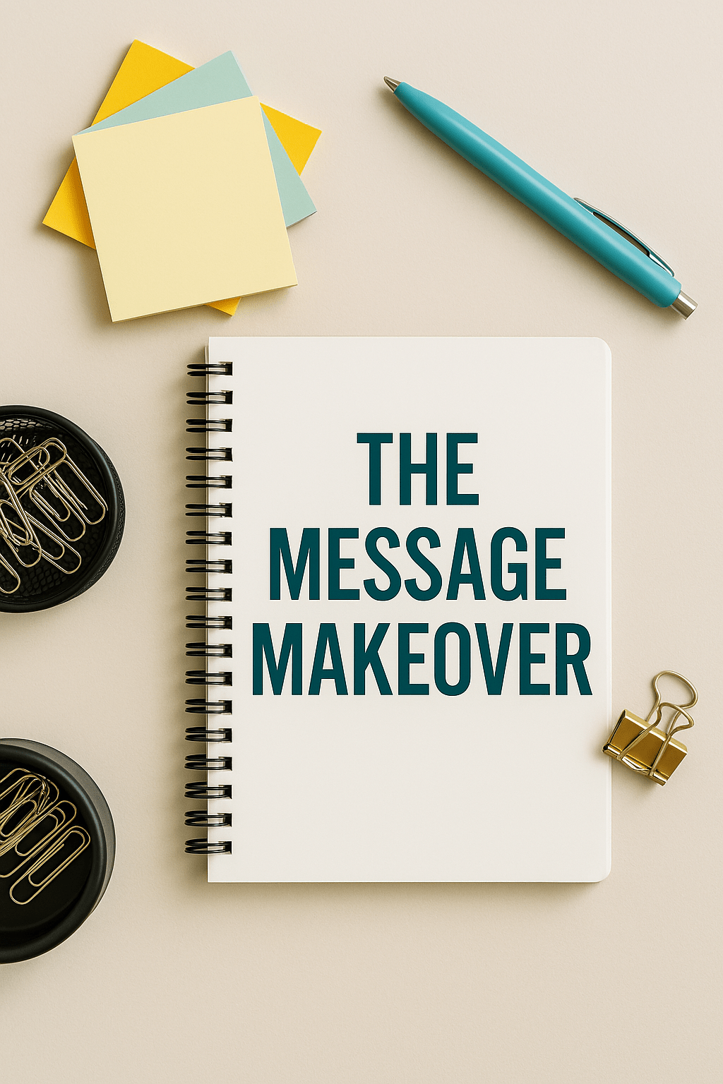 Workspace Essentials for Messaging Clarity A flat lay of creative office supplies including a notebook, sticky notes, and pens arranged neatly on a white surface, representing the process of crafting clear messaging