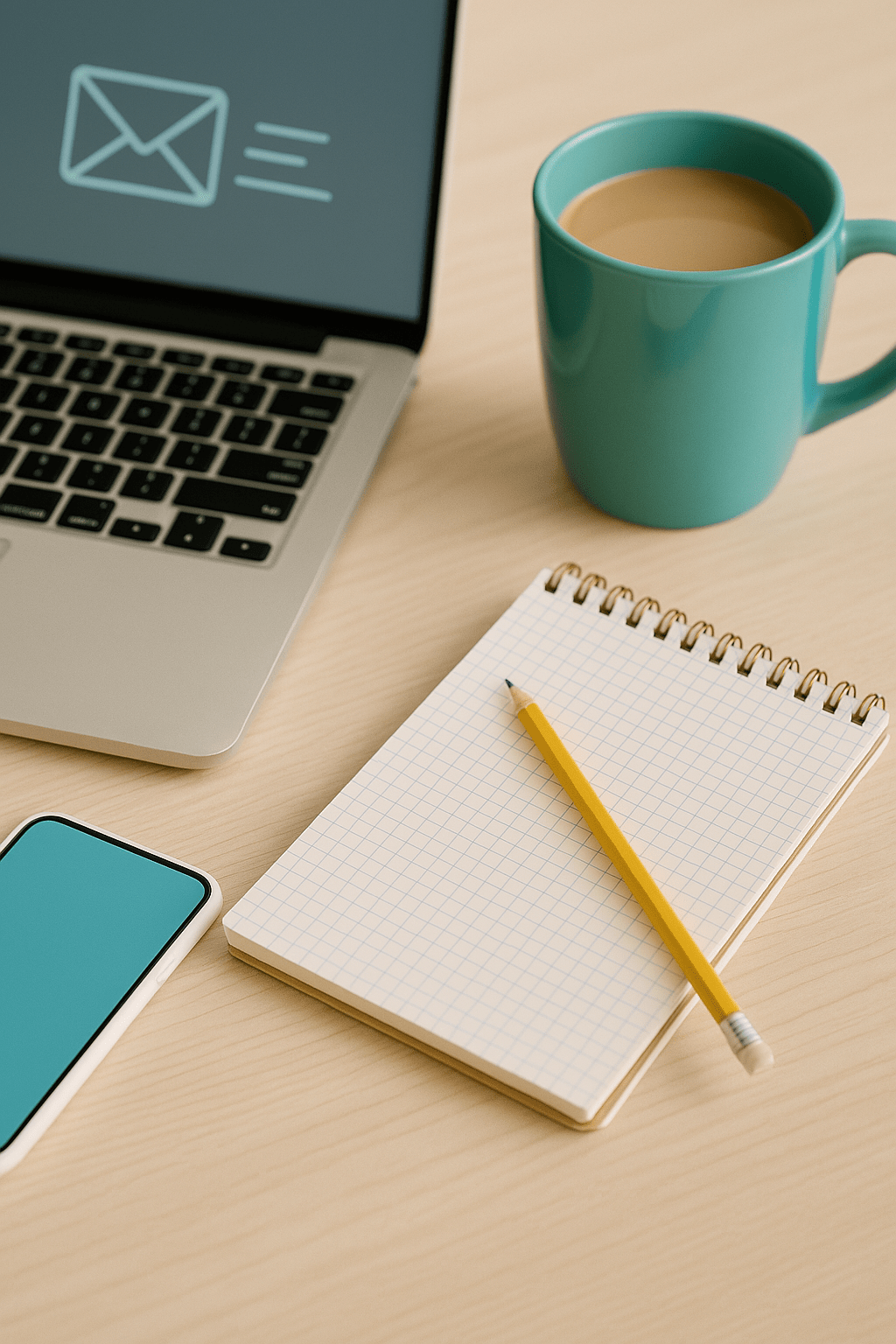 Workspace in Motion – Fueling Your Message with Purpose A cozy, modern workspace with a laptop, notebook, folders, and a coffee mug, symbolizing forward momentum and organized marketing support.